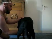 Man with beard satisfying dog